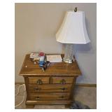 Oak night stand plus lamp and contents