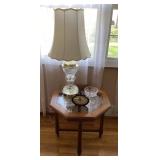 Octagon glass top side table, lamp, clock, bowl