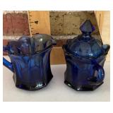 Cobalt blue glass cream and sugar