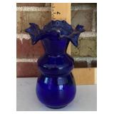 Cobalt blue glass vase with ruffled rim