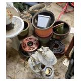Garden decor with pots, birdbath, fountain
