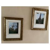 2 framed photos of windmill and Eiffel tower