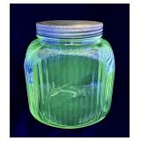 Green Depression uranium glass canister jar