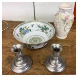 Porcelain bowl and vase, pewter candlesticks