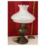 Electrified oil lamp with milk glass shade