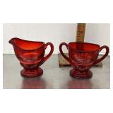 Ruby glass cream & sugar
