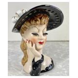 Vintage Napco lady head vase w/black hat 7" tall