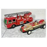 Vintage tin litho friction fire truck & race car