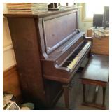 Weaver upright piano and bench with contents