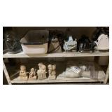 Irons, enamelware, figures on bottom 2 shelves