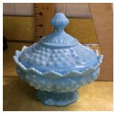 Fenton blue hobnail glass covered dish