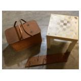 Picnic basket, plastic table, wall hooks