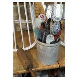 Stoneware crock w/kitchen utensils & rolling pin