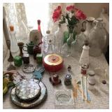 Decor, glassware, tins, vases, bottles, etc.