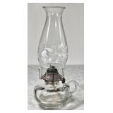 Antique glass oil finger lamp w/printed chimney