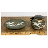Signed Raku pottery plate and pot
