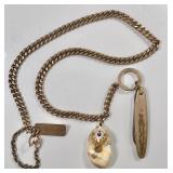 Gold filled pocket watch chain, fob, knife