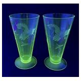 2 green Depression uranium glass iced tea