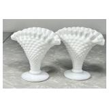 Pair of Fenton milk glass hobnail fan vases