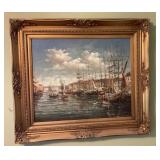 Harborscape in ornate gold frame 27 x 31