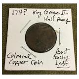 Colonial copper half penny coin