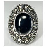 Sterling silver onyx and marcasite ring