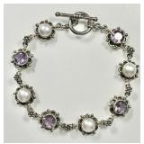 Sterling silver pearl and amethyst bracelet