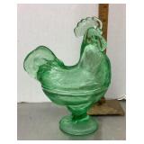 Green glass rooster candy dish