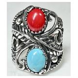 Sterling silver turquoise & coral ring