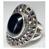 Sterling silver onyx and marcasite ring