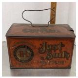 Antique lunch pail style Just Suits tobacco tin