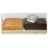 2 wood jewelry boxes and glass jewelry casket