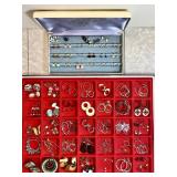 Large group of costume jewelry earrings & box
