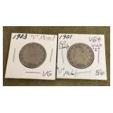 2 "V" nickels 1901 & 1903