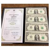 Uncut sheet of dollar bills with certificate