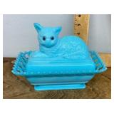 Westmoreland turquoise milk glass cat candy dish