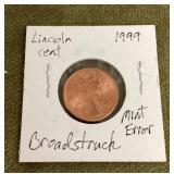 1999 mint error penny broad struck