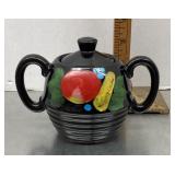 Hand painted redware sugar bowl