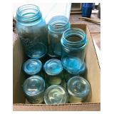 Box of blue glass canning jars --mainly pints
