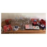 Bar glasses, barware, playing cards