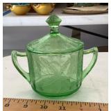 Green Depression glass sugar bowl