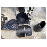 Coal scuttle, log holders, and fireplace tools