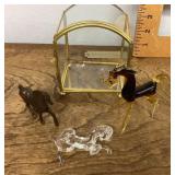Glass & brass display case with blown glass horses