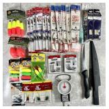 Fishing hooks, floats, scale, filet knife
