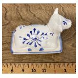 Blue and white pottery cow butter dish