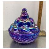 Blue iridescent glass chick on eggs candy dish