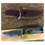 Damascus fixed blade knife with sheath