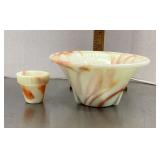 Akro Agate slag glass flower pot and bowl
