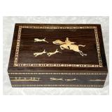 Vintage wooden puzzle box with fox hunt inlay