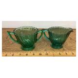 Green glass cream and sugar